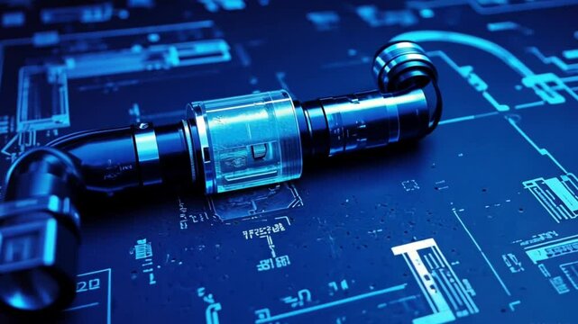 A close-up of a detailed blueprint with glowing pipes symbolizing innovation, technology, connection, progress, and efficiency.