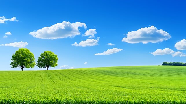 Two Green Trees on a Lush Green Field Under a Bright Blue Sky with Fluffy White Clouds