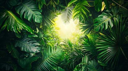 Lush Green Tropical Leaves with Sunlight Background
