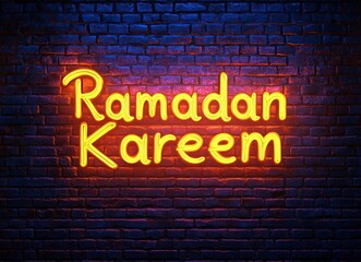 3D rendering of the word "Ramadan Kareem" written in yellow neon light on a dark brick wall background, Ramadan Kareem concept for a banner or poster design with copy space. I can create text effects 