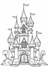 Fototapeta premium A clean outline illustration of a fairytale castle, perfect for coloring. The castle has soft, rounded towers with fluttering flags. The white background emphasizes the clarity of the design.