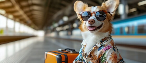 Stylish dog waiting on train platform with luggage, wearing sunglasses and Hawaiian shirt