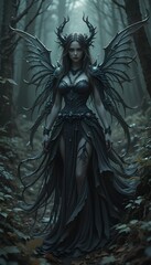 The image is a digital illustration of a woman standing in a dark and eerie forest. She is wearing a long, flowing black dress with intricate patterns and designs on the bodice and skirt. The dress ha