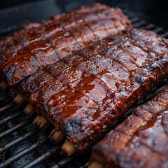 Medium Shot of Barbecue Ribs Coated in Sauce on the Grill: A hip-level photo of ribs slathered in barbecue sauce grilling to perfection, with deep focus highlighting the sauce's glaze and the meat's