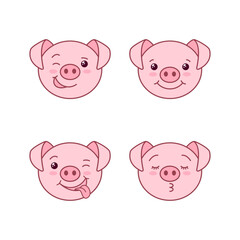 Set of cute pig heads with funny emotions. Flat design, cartoon style, Pink pig faces. Vector illustration isolated on white background