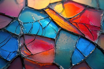 Close-up of vibrant, fractured stained glass in shades of red, blue, and orange.