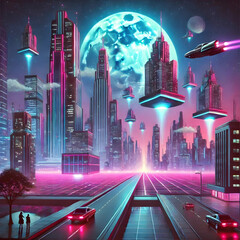Futuristic Floating Cityscape with Neon-Lit Building