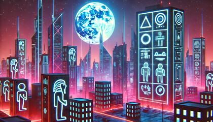 Futuristic Neon City with Hieroglyphic Symbols