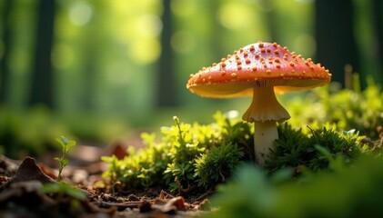 Fototapeta premium Common bonnet mushrooms growing in a sunlit forest clearing, forest clearing, mushrooms