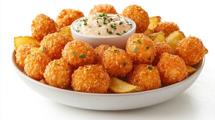Indulge in the ultimate comfort food experience with these crispy fried cheese balls, perfectly paired with golden potato wedges and a creamy dipping sauce Each bite offers an explosion of flavors