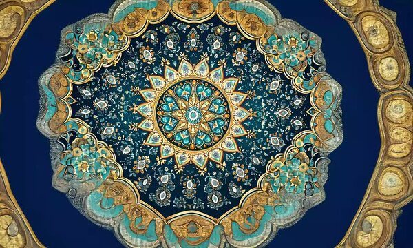 Intricate mandala design in teal, gold, and navy