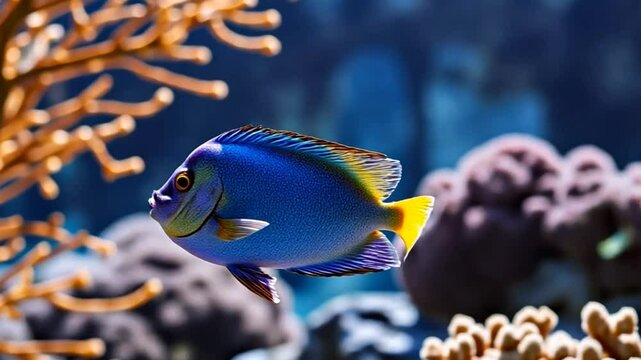 Blue tang fish swims among corals in a vibrant underwater scene