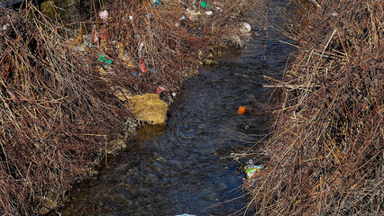 Obraz premium Polluted stream with scattered plastic and debris, highlighting environmental issues, Earth Day awareness concept