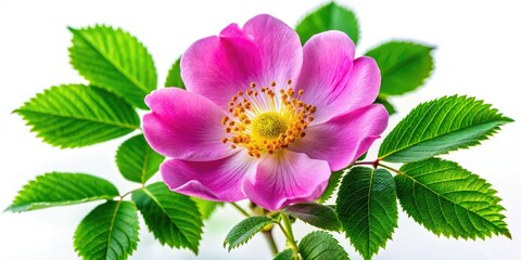 Close-up of a Canine Rose (Rosa Eglanteria), crisp detail, shallow depth of field, white background.