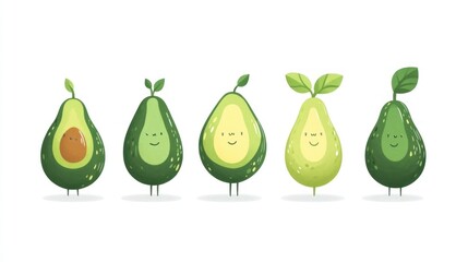 Cute cartoon avocados, various stages, healthy food,  stock image