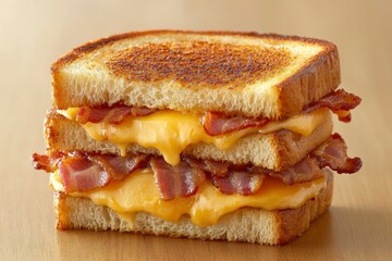 Indulge in the ultimate comfort food experience with this mouthwatering crispy bacon double decker grilled cheese sandwich Layers of golden, perfectly toasted bread embrace a molten cascade of