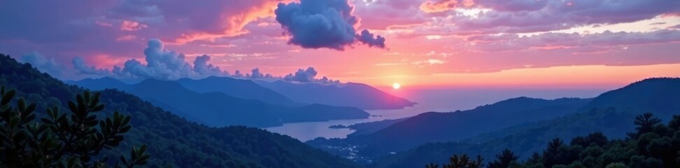 Fototapeta premium Evening sky with clouds over mountains and valley, landscape, peaceful