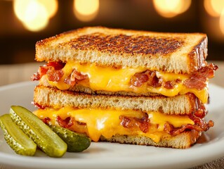 Indulge in the ultimate comfort food with this crispy bacon grilled cheese sandwich, a culinary masterpiece that combines the savory goodness of bacon with the gooey delight of melted cheese, all