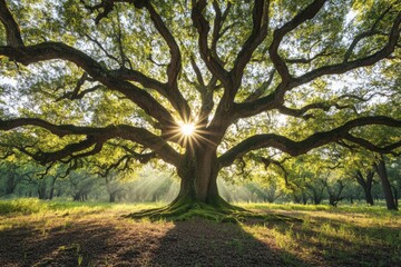 Obraz premium Majestic ancient oak tree bathed in sunlight, its massive branches reaching towards the sky.