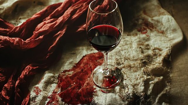 Elegant Red Wine Glass Still Life, Cinematic Spill on Linen Fabric