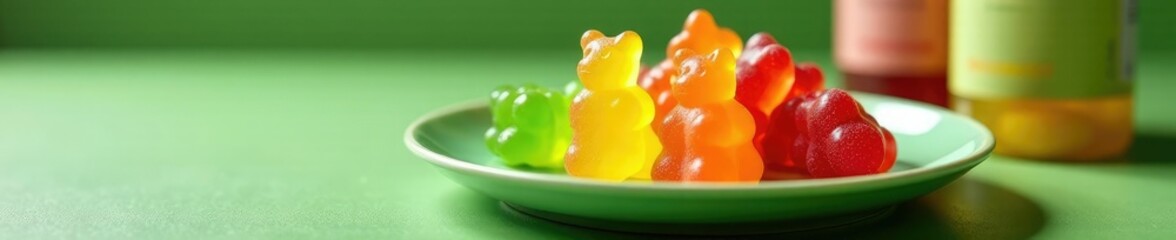 Gummy bears on a green plate with vitamin labels and bottles, nutrition, vitamins,