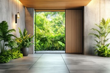 Fototapeta premium Modern entryway with lush tropical plants and glass door opening to a garden.