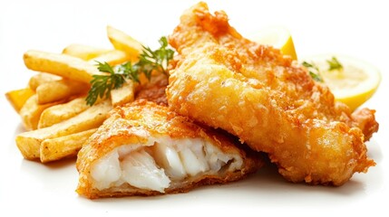 This image showcases a delectable dish featuring crispy fried fish served alongside golden French fries and a vibrant slice of lemon The combination of textures and flavors creates an appetizing