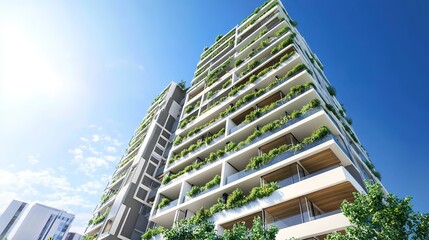 Modern Eco-friendly High-rise Building with Lush Greenery on Balconies: Sustainable Urban Architecture under a Clear Blue Sky