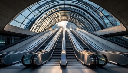 Fototapeta premium Modern escalators in a glass-roofed transit hub.