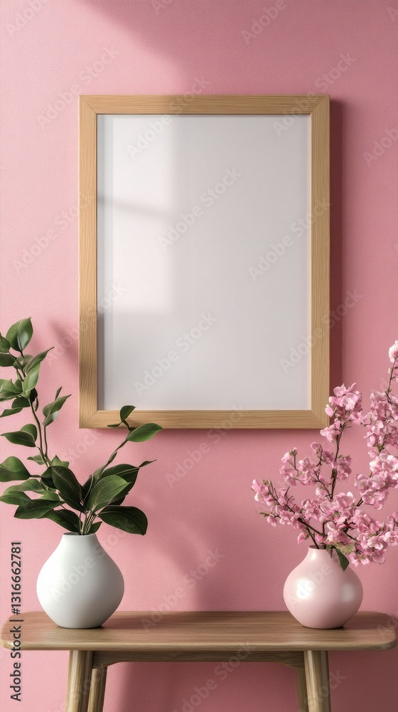 Aufkleber a minimalist corner features a light wood-framed picture space surrounded by elegant flower arrangem