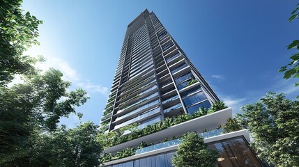 Modern Eco-friendly High-rise Building with Lush Greenery on Balconies: Sustainable Urban Architecture under a Clear Blue Sky