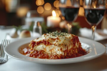 Lasagna with melted cheese and tomato sauce on a plate