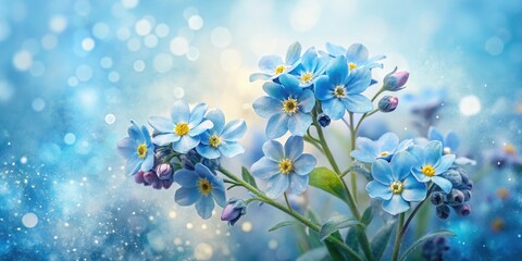 Ethereal blue forget-me-nots bloom, a double exposure watercolor painting on white.