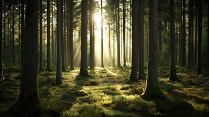 Obraz premium Sunlight filters through tall trees in a serene forest, evoking tranquility and natural harmony