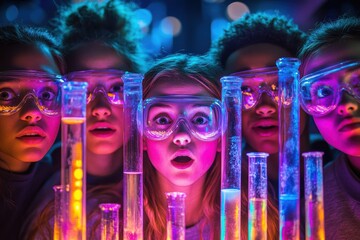 Obraz premium A group of students conducting a chemistry experiment with colorful reactions, amazement