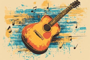 An acoustic guitar accompanied by musical notes on a textured background