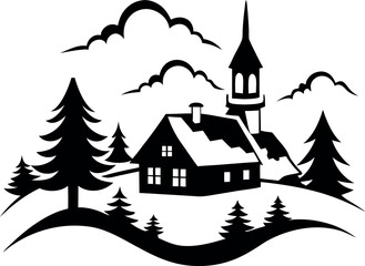 Winter village vector silhouette line art Generative AI
