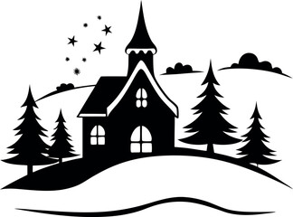 Obraz premium Winter village vector silhouette line art Generative AI