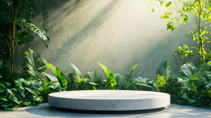A minimalist natural stone and concrete podium set in a lush green environment, providing a perfect stage for product presentations or cosmetic displays