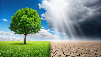 A vibrant tree stands on lush grass, contrasting sharply with a dry, cracked landscape beneath a stormy sky, symbolizing environmental change.