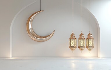 3D rendering of a Ramadan Islamic background with a crescent moon and lantern for decorative elements on a white background. Space for text or product display presentation mock-up, with a blank space.