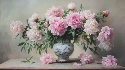 Obraz premium Pastel Pink Peonies in a Vintage Vase: Elegant Floral Arrangement with Soft Hues and Timeless Charm.