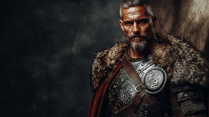 Obraz premium Warrior stands armored against a dark, textured backdrop with fur accessory