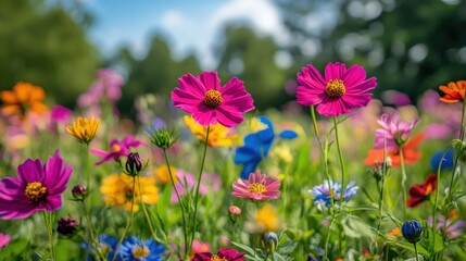 A vibrant meadow bursts with colorful blooms&mdash;pink, purple, yellow, orange, and blue petals dancing against a serene backdrop, capturing the essence of nature's vivid palette