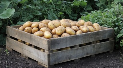 Wooden crate overflows with freshly harvested potatoes, their earthy skins still dusted with soil under the open sky.