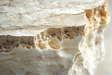Close-up of a rough, textured, off-white rock surface with crevices and layers.