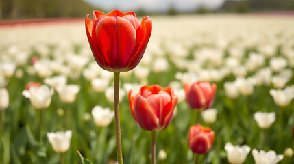 Obraz premium Dissimilar red tulip flower head over white flowes field