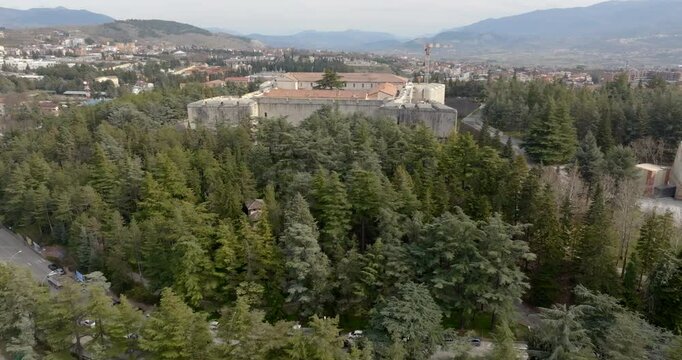 Aerial view of the Spanish Fort of L'Aquila, Abruzzo, central Italy. The Spanish Fort is a medieval and quadrangular castle.