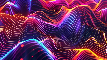 Abstract background of glowing pink, orange and blue lines in a wavy, 3D pattern.