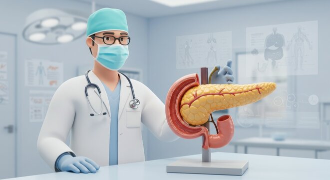 A medical professional examines a 3D model of the pancreas in a clinical setting.